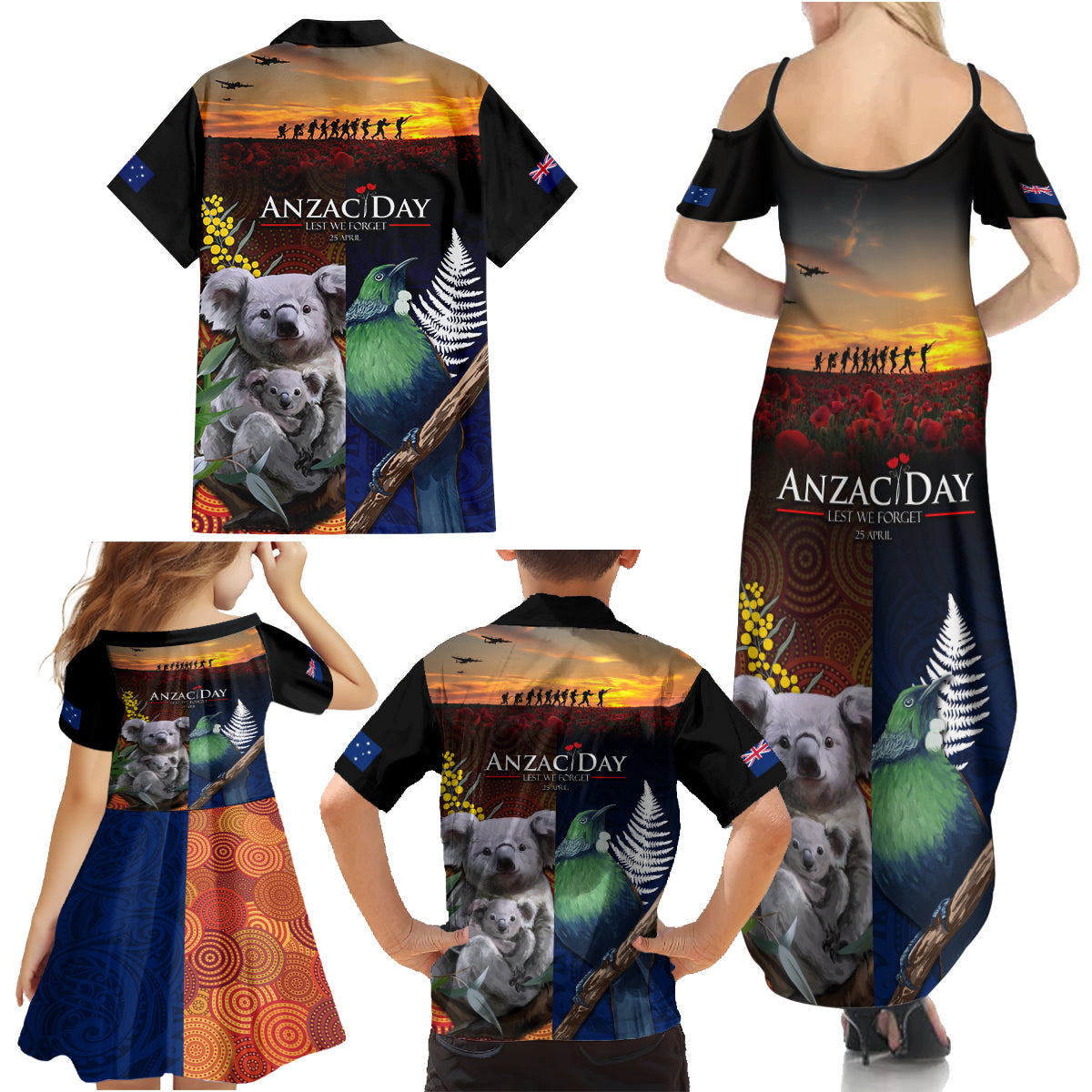 Australia and New Zealand ANZAC Day Family Matching Summer Maxi Dress and Hawaiian Shirt Tui Bird and Koala mix Maori and Aboriginal Pattern LT03 - Polynesian Pride