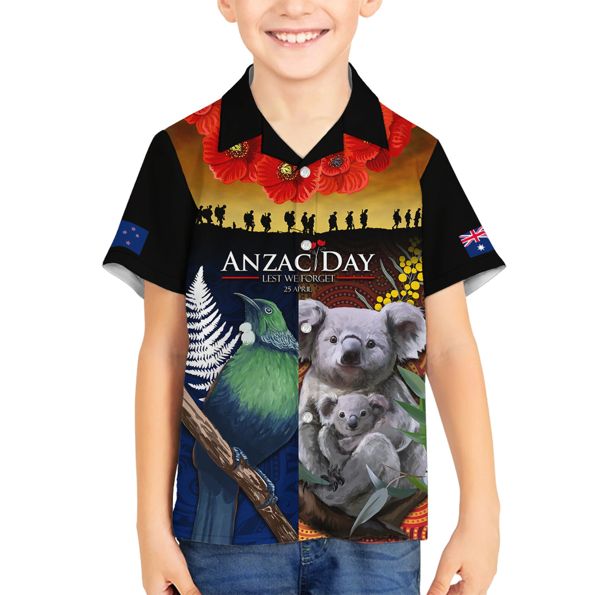 Australia and New Zealand ANZAC Day Family Matching Summer Maxi Dress and Hawaiian Shirt Tui Bird and Koala mix Maori and Aboriginal Pattern LT03 Son's Shirt Black - Polynesian Pride