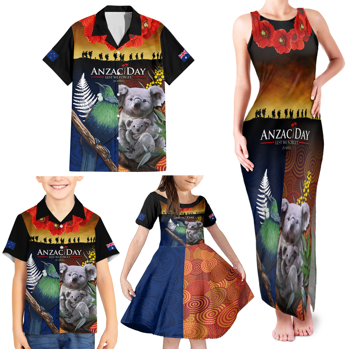 Australia and New Zealand ANZAC Day Family Matching Tank Maxi Dress and Hawaiian Shirt Tui Bird and Koala mix Maori and Aboriginal Pattern LT03 - Polynesian Pride