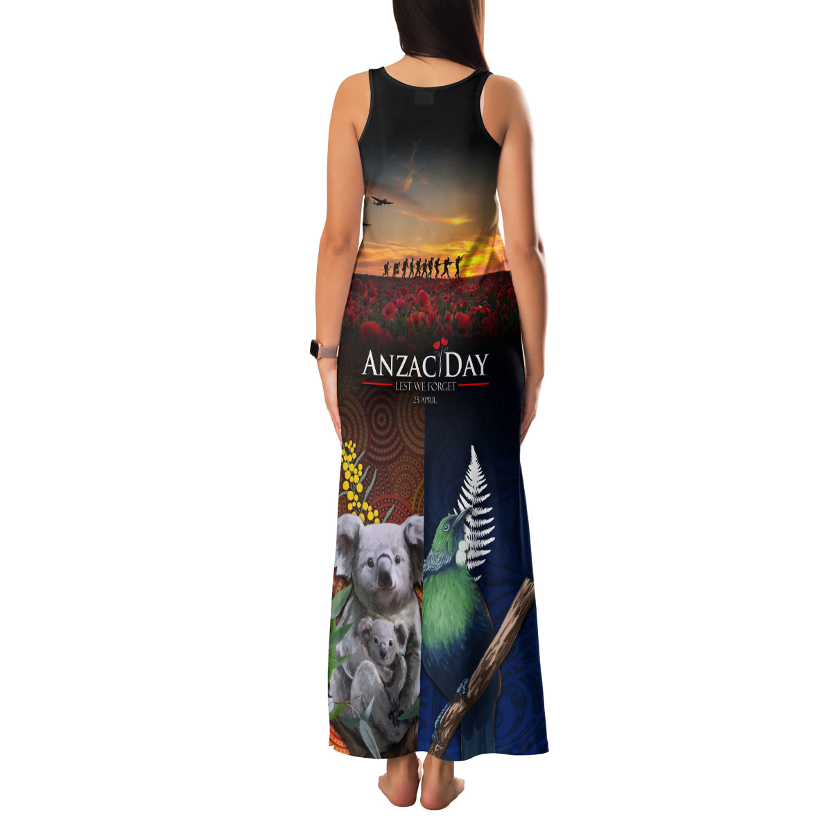Australia and New Zealand ANZAC Day Family Matching Tank Maxi Dress and Hawaiian Shirt Tui Bird and Koala mix Maori and Aboriginal Pattern LT03 - Polynesian Pride