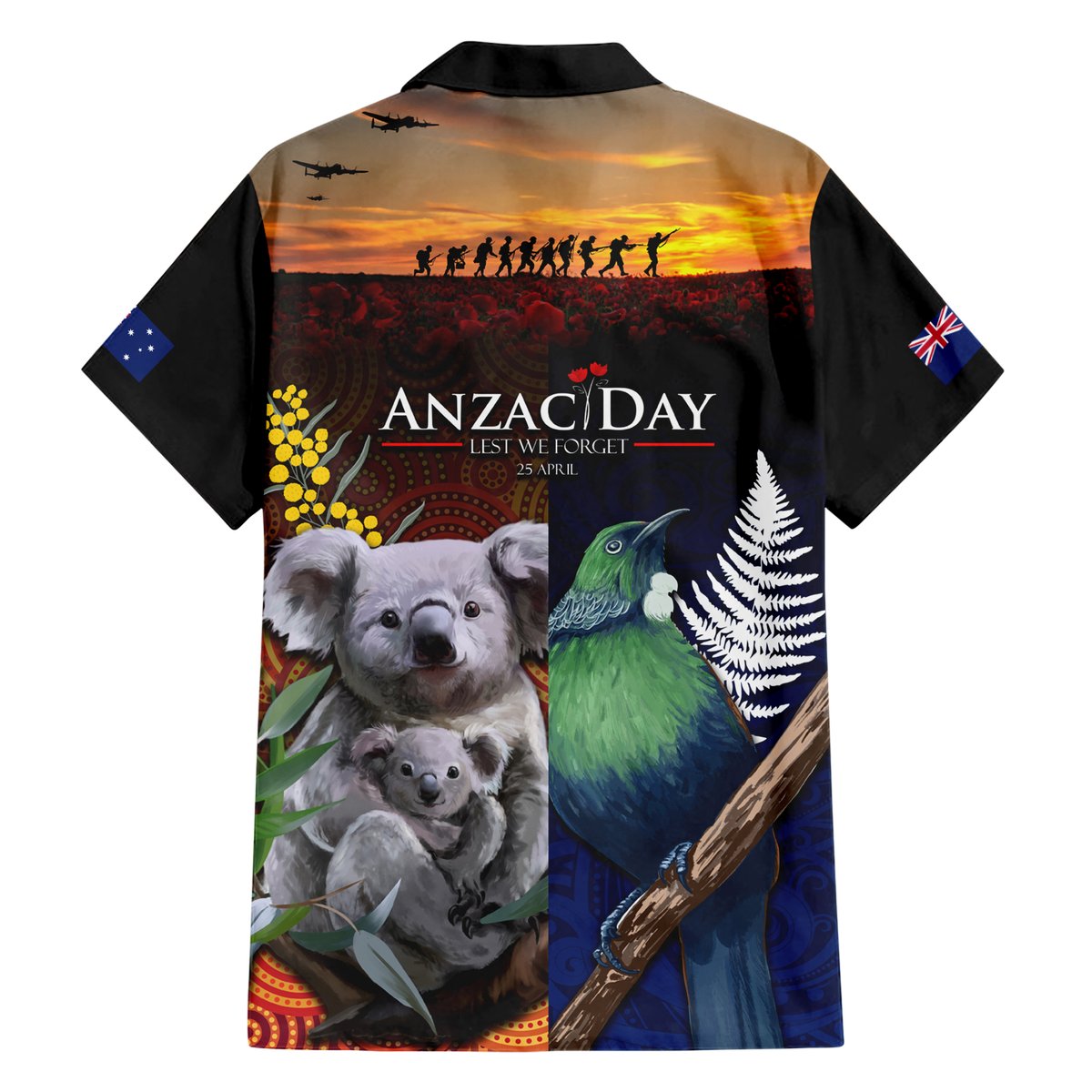 Australia and New Zealand ANZAC Day Hawaiian Shirt Tui Bird and Koala mix Maori and Aboriginal Pattern