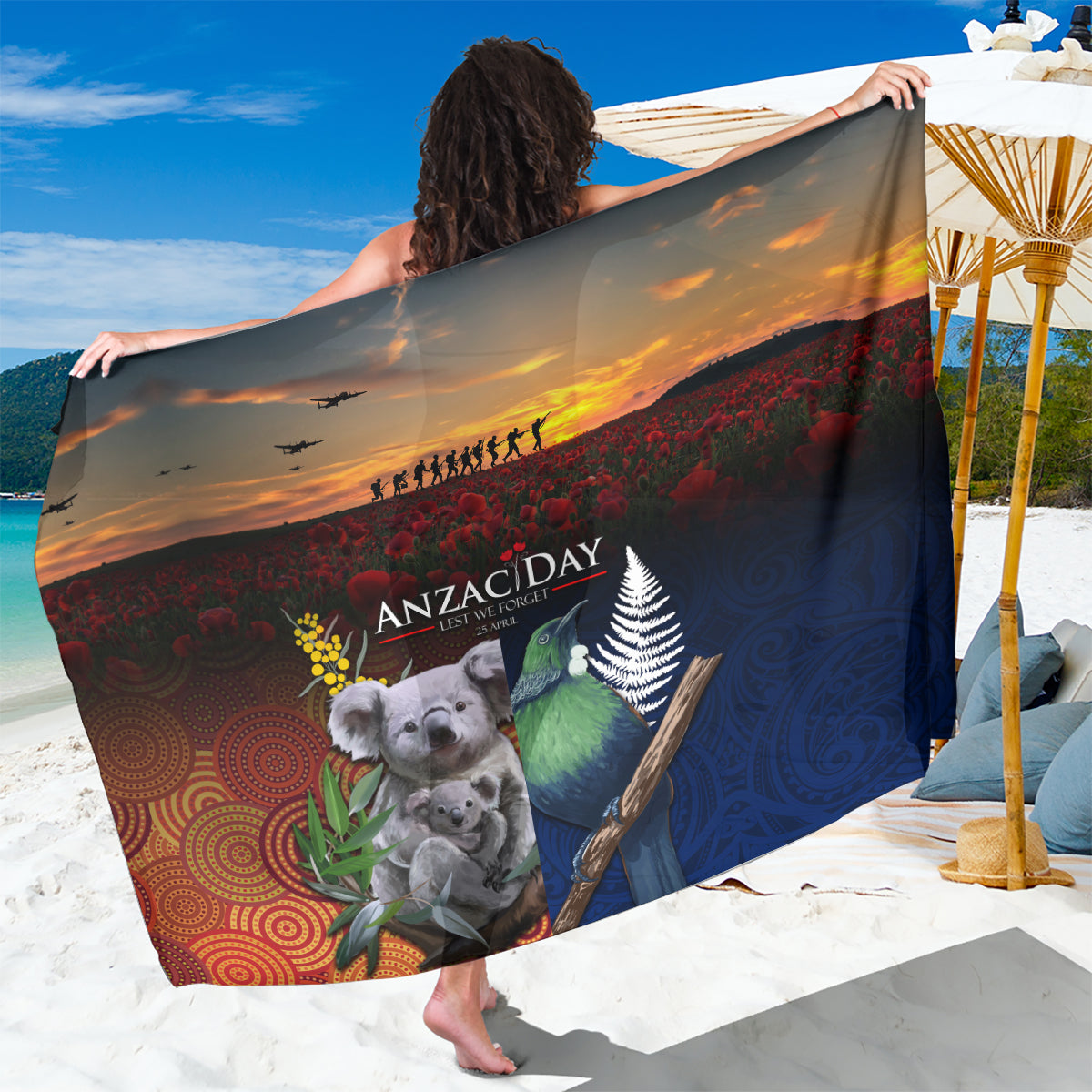 Australia and New Zealand ANZAC Day Sarong Tui Bird and Koala mix Maori and Aboriginal Pattern LT03 One Size 44 x 66 inches Black - Polynesian Pride