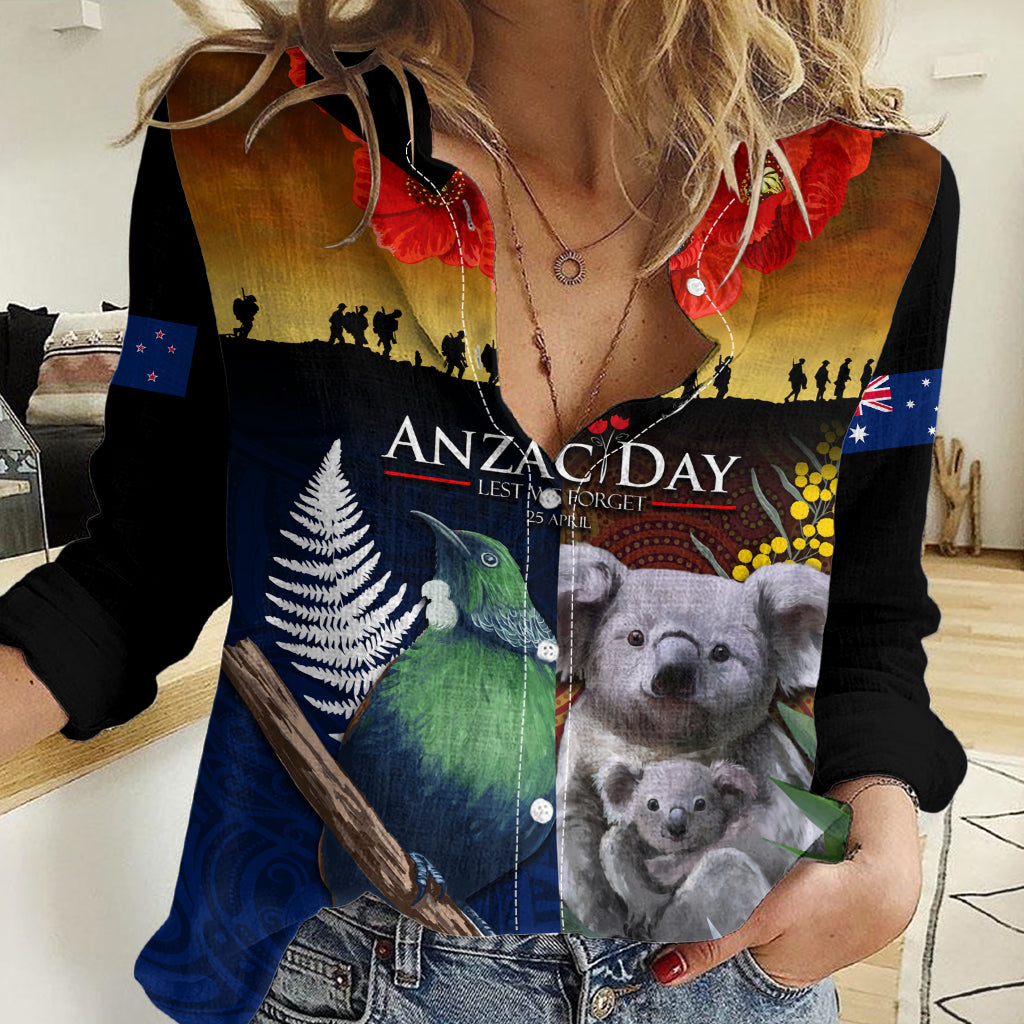 Australia and New Zealand ANZAC Day Women Casual Shirt Tui Bird and Koala mix Maori and Aboriginal Pattern LT03 Female Black - Polynesian Pride