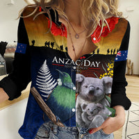 Australia and New Zealand ANZAC Day Women Casual Shirt Tui Bird and Koala mix Maori and Aboriginal Pattern LT03 Female Black - Polynesian Pride