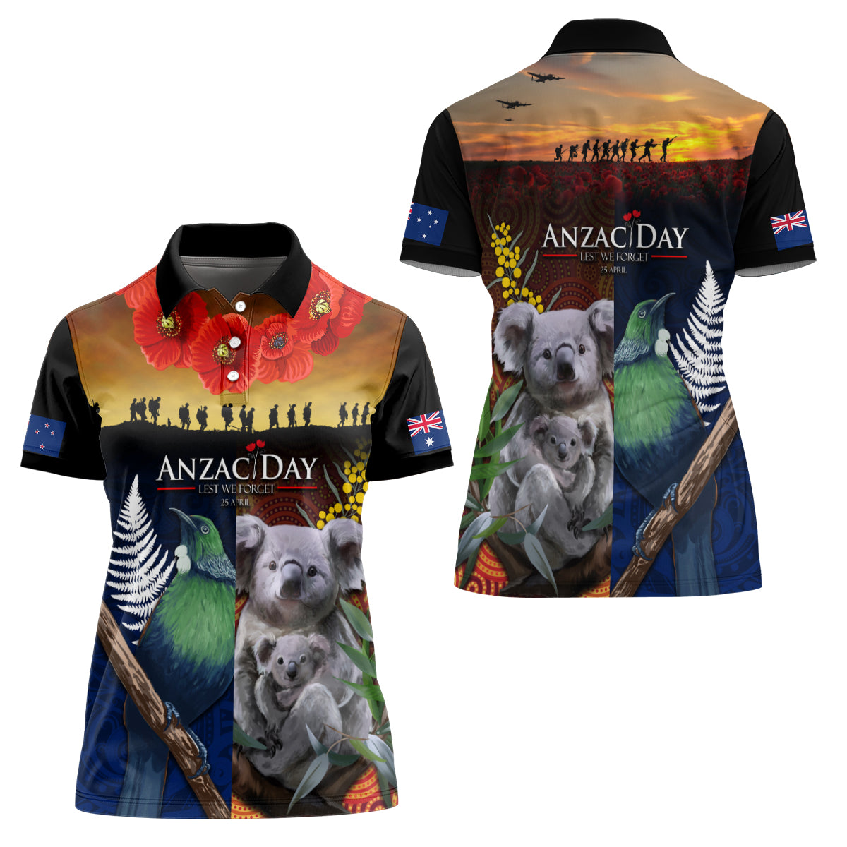 Australia and New Zealand ANZAC Day Women Polo Shirt Tui Bird and Koala mix Maori and Aboriginal Pattern LT03 - Polynesian Pride