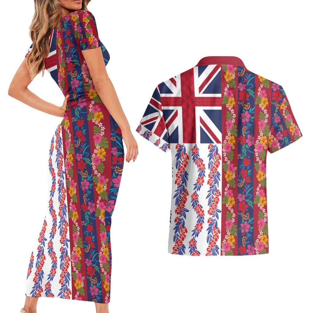 Hawaiian Lei Couples Matching Short Sleeve Bodycon Dress and Hawaiian Shirt National Flag Striped Style