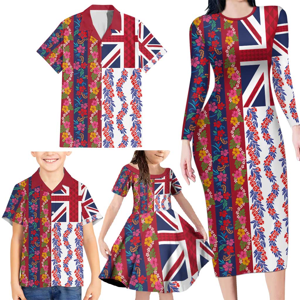 Hawaiian Lei Family Matching Long Sleeve Bodycon Dress and Hawaiian Shirt National Flag Striped Style LT03 - Polynesian Pride