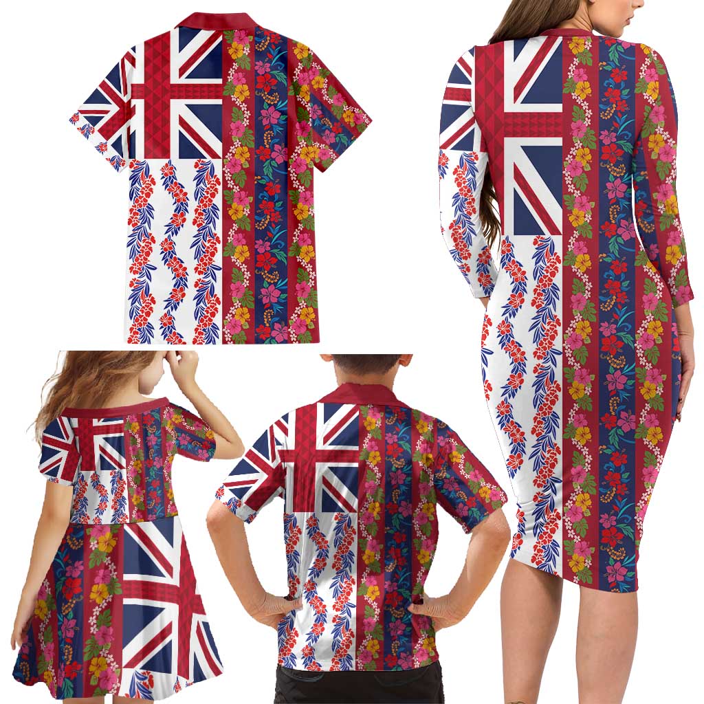 Hawaiian Lei Family Matching Long Sleeve Bodycon Dress and Hawaiian Shirt National Flag Striped Style LT03 - Polynesian Pride