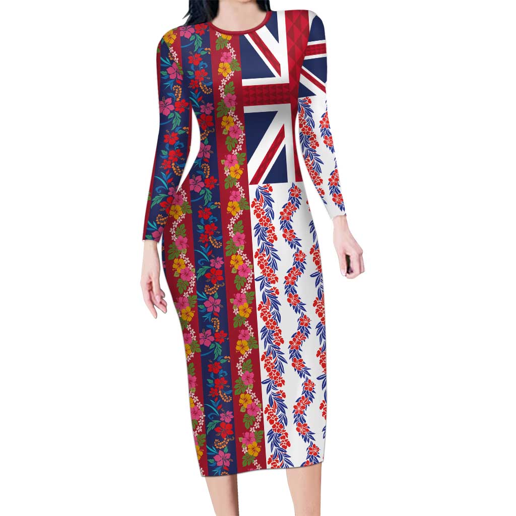 Hawaiian Lei Family Matching Long Sleeve Bodycon Dress and Hawaiian Shirt National Flag Striped Style LT03 Mom's Dress Red - Polynesian Pride