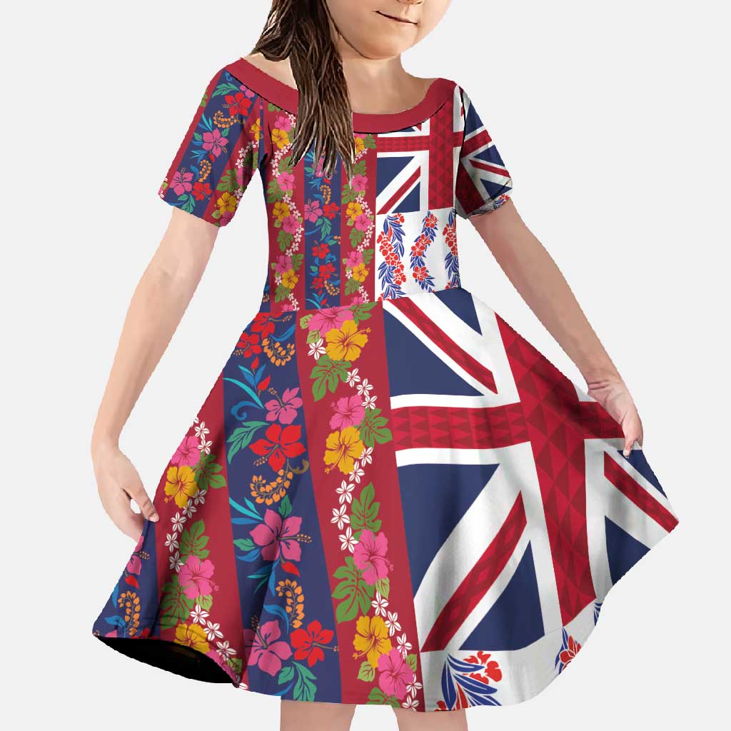Hawaiian Lei Family Matching Mermaid Dress and Hawaiian Shirt National Flag Striped Style LT03 Daughter's Dress Red - Polynesian Pride