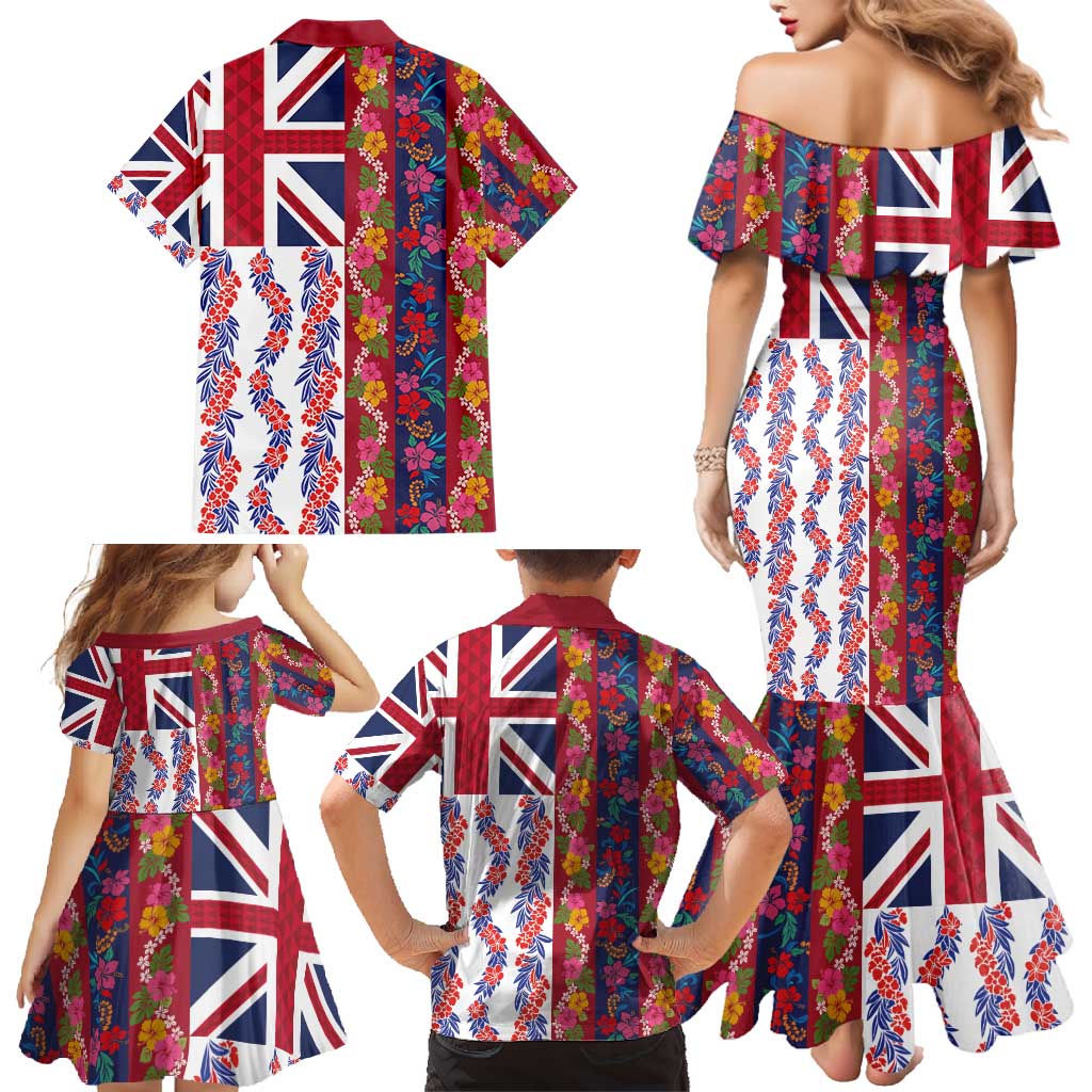 Hawaiian Lei Family Matching Mermaid Dress and Hawaiian Shirt National Flag Striped Style LT03 - Polynesian Pride