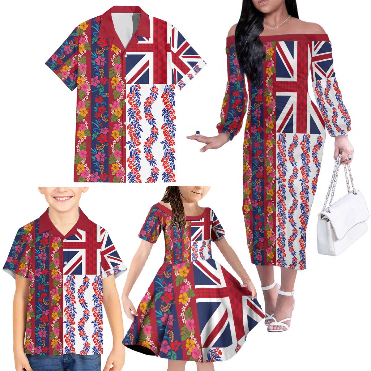 Hawaiian Lei Family Matching Off The Shoulder Long Sleeve Dress and Hawaiian Shirt National Flag Striped Style LT03 - Polynesian Pride