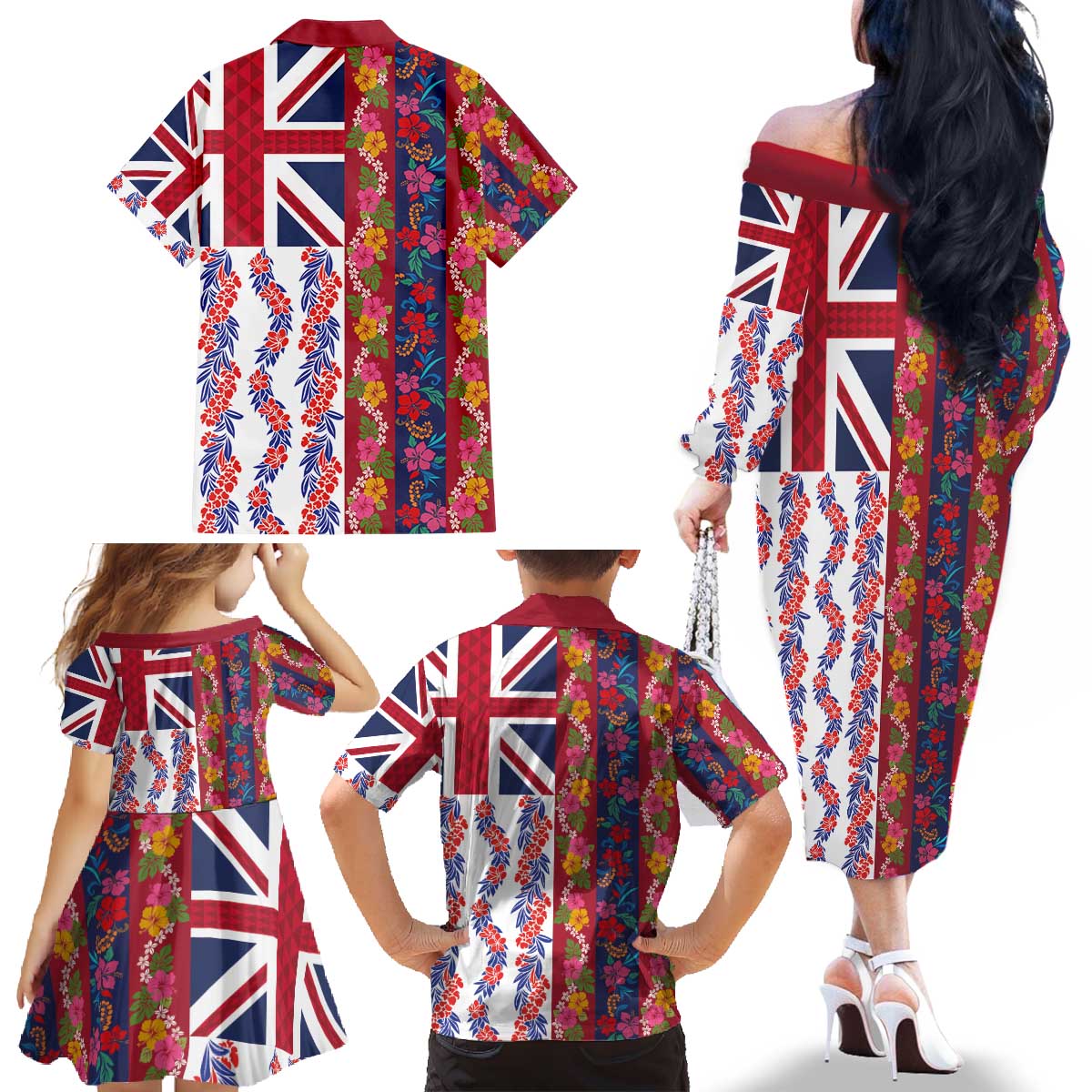Hawaiian Lei Family Matching Off The Shoulder Long Sleeve Dress and Hawaiian Shirt National Flag Striped Style LT03 - Polynesian Pride