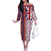 Hawaiian Lei Family Matching Off The Shoulder Long Sleeve Dress and Hawaiian Shirt National Flag Striped Style LT03 Mom's Dress Red - Polynesian Pride