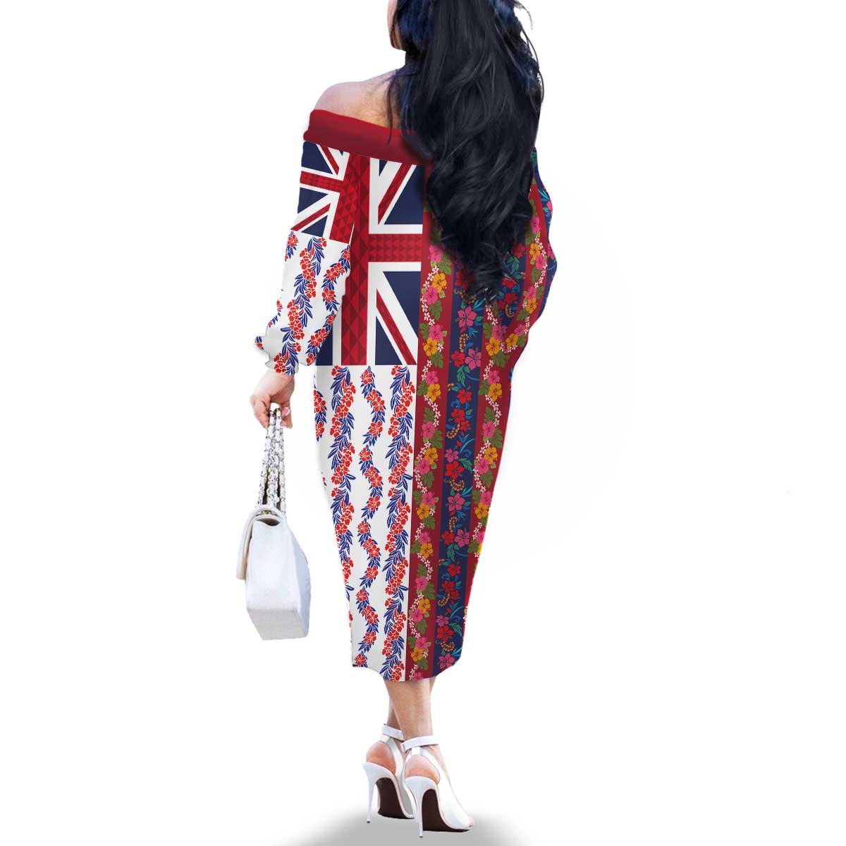Hawaiian Lei Family Matching Off The Shoulder Long Sleeve Dress and Hawaiian Shirt National Flag Striped Style LT03 - Polynesian Pride