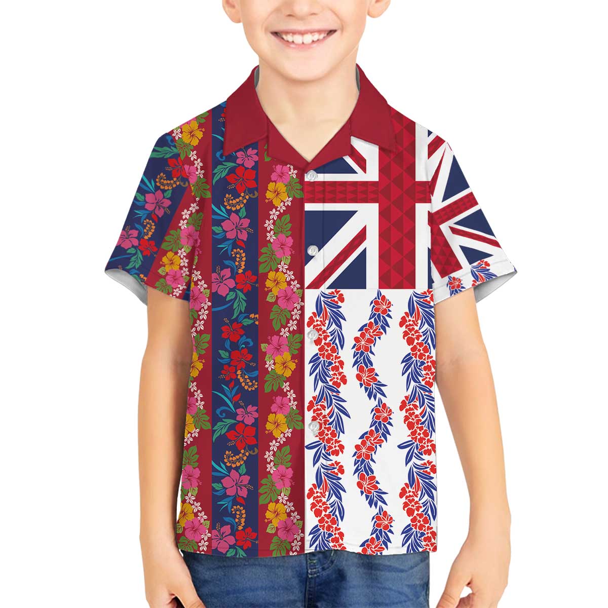 Hawaiian Lei Family Matching Off The Shoulder Long Sleeve Dress and Hawaiian Shirt National Flag Striped Style LT03 Son's Shirt Red - Polynesian Pride