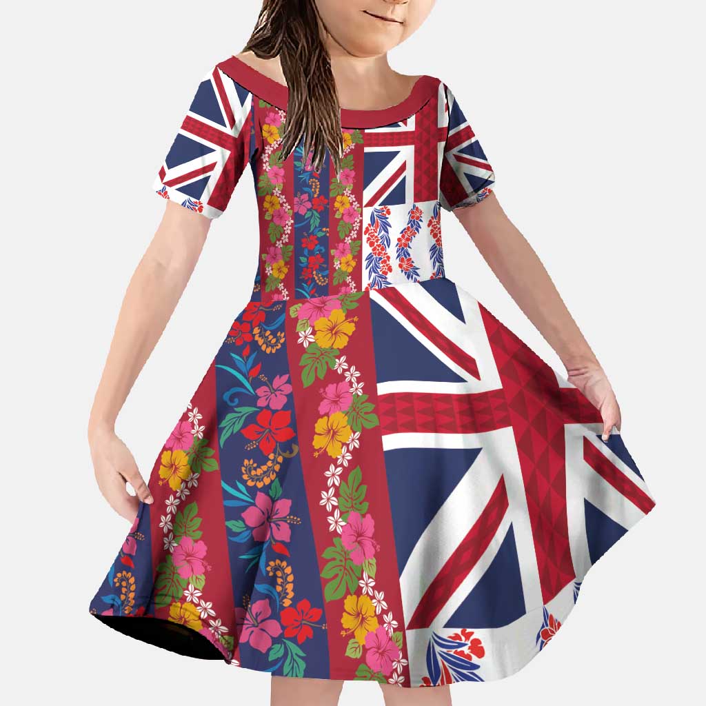Hawaiian Lei Family Matching Off Shoulder Maxi Dress and Hawaiian Shirt National Flag Striped Style LT03 Daughter's Dress Red - Polynesian Pride