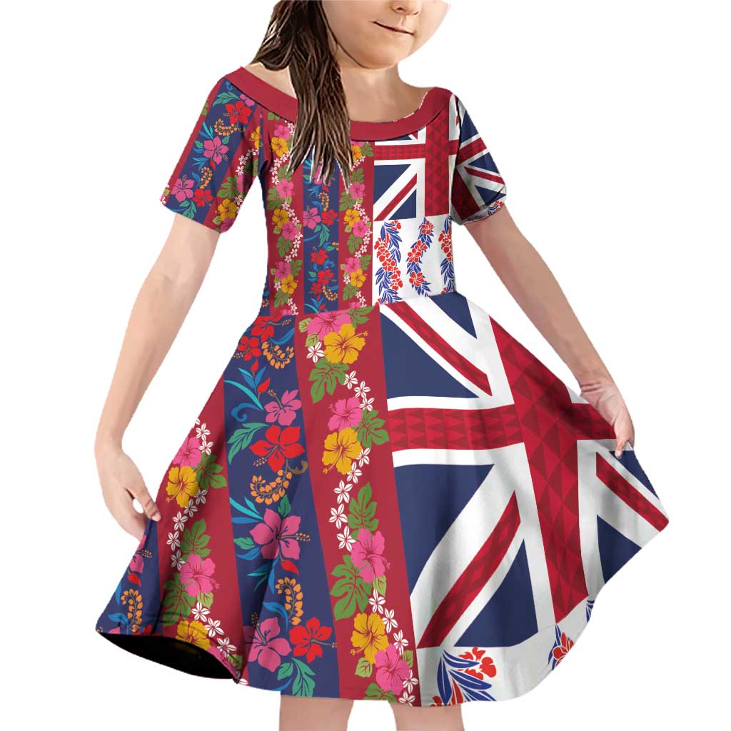 Hawaiian Lei Family Matching Off Shoulder Short Dress and Hawaiian Shirt National Flag Striped Style LT03 Daughter's Dress Red - Polynesian Pride