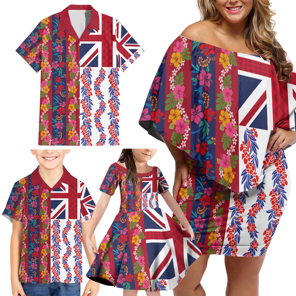 Hawaiian Lei Family Matching Off Shoulder Short Dress and Hawaiian Shirt National Flag Striped Style LT03 - Polynesian Pride