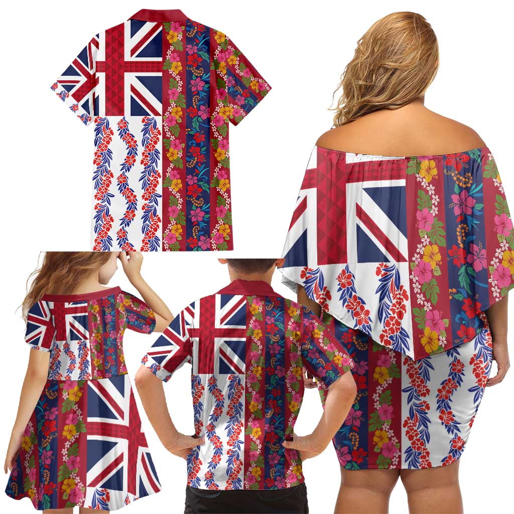 Hawaiian Lei Family Matching Off Shoulder Short Dress and Hawaiian Shirt National Flag Striped Style LT03 - Polynesian Pride