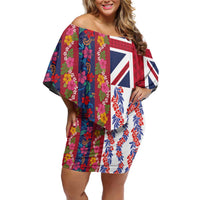 Hawaiian Lei Family Matching Off Shoulder Short Dress and Hawaiian Shirt National Flag Striped Style LT03 Mom's Dress Red - Polynesian Pride