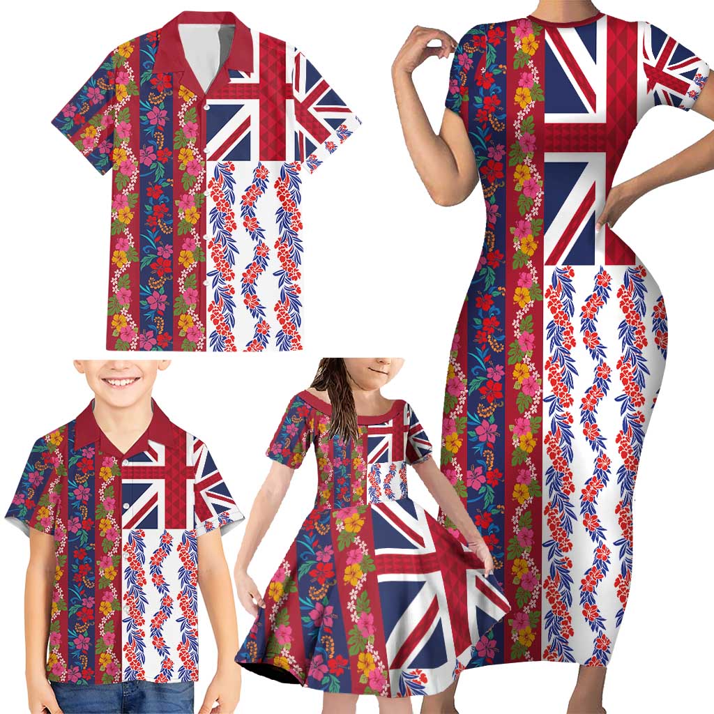 Hawaiian Lei Family Matching Short Sleeve Bodycon Dress and Hawaiian Shirt National Flag Striped Style LT03 - Polynesian Pride