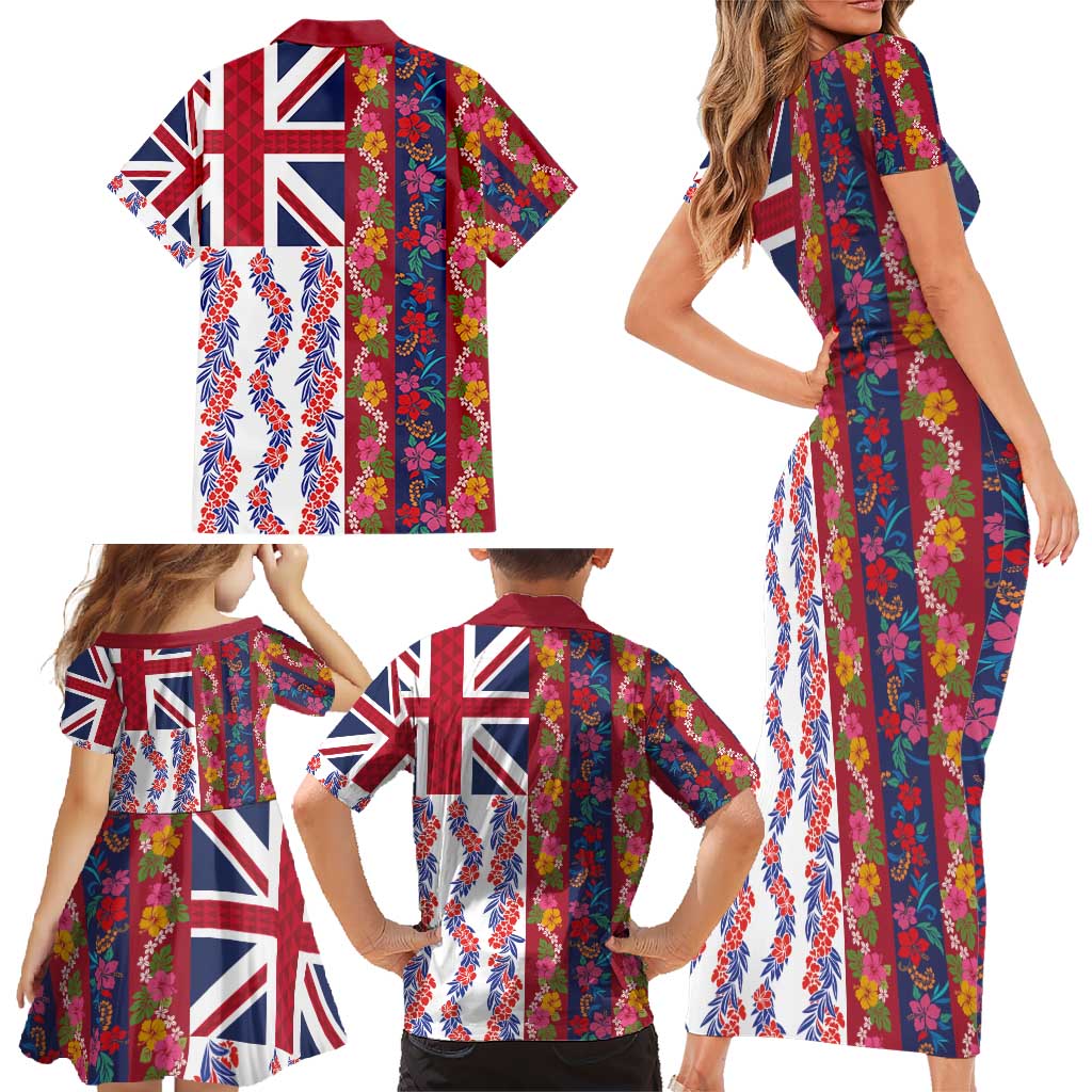 Hawaiian Lei Family Matching Short Sleeve Bodycon Dress and Hawaiian Shirt National Flag Striped Style LT03 - Polynesian Pride