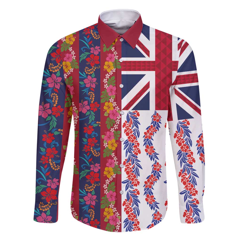 Hawaiian Lei Family Matching Short Sleeve Bodycon Dress and Hawaiian Shirt National Flag Striped Style LT03 Dad's Shirt - Long Sleeve Red - Polynesian Pride