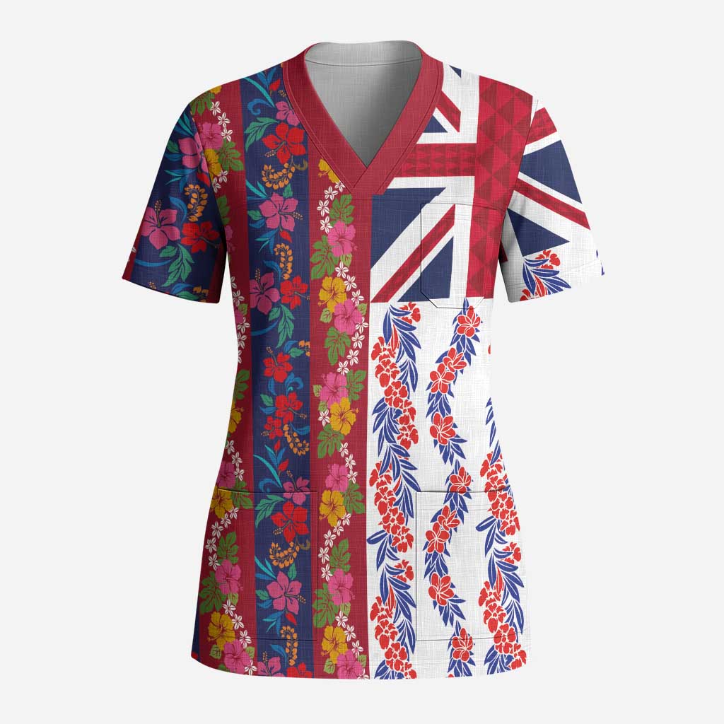 Hawaiian Lei Scrub Top National Flag Striped Style - Polynesian Pride