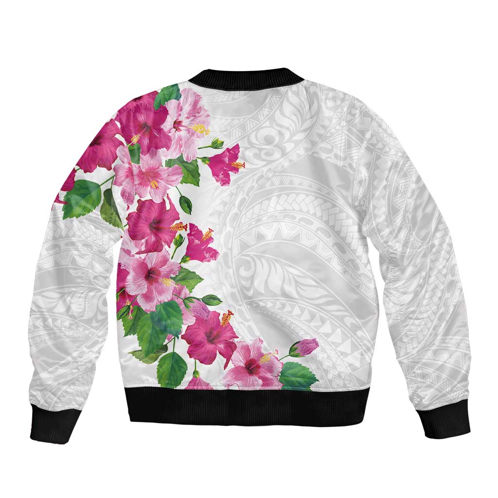 Hawaiian Hibiscus and Art Polynesian Tattoo Bomber Jacket White Color