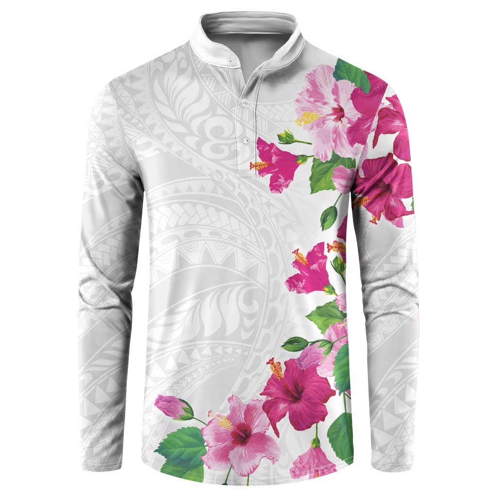 Hawaiian Hibiscus and Art Polynesian Tattoo Button Sweatshirt White Color