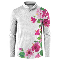 Hawaiian Hibiscus and Art Polynesian Tattoo Button Sweatshirt White Color
