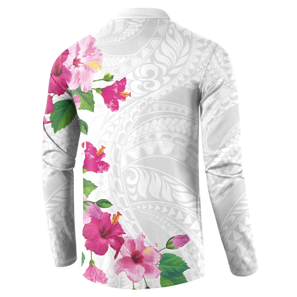 Hawaiian Hibiscus and Art Polynesian Tattoo Button Sweatshirt White Color