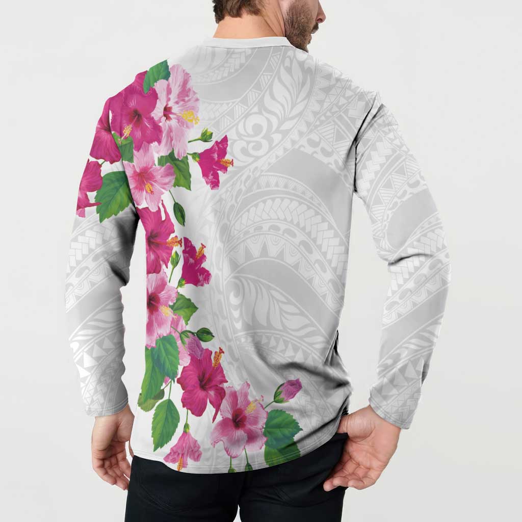 Hawaiian Hibiscus and Art Polynesian Tattoo Button Sweatshirt White Color
