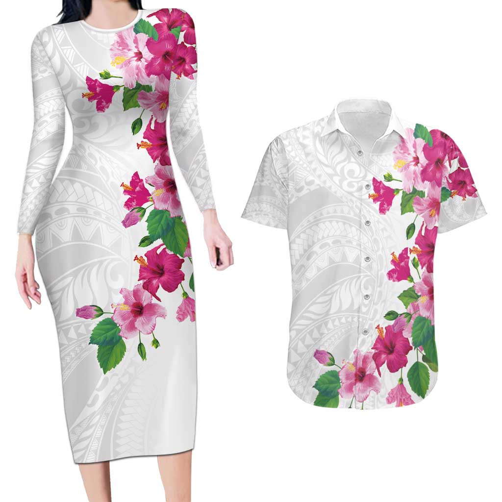 Hawaiian Hibiscus and Art Polynesian Tattoo Couples Matching Long Sleeve Bodycon Dress and Hawaiian Shirt White Color LT03 White - Polynesian Pride
