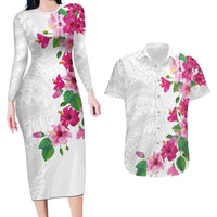 Hawaiian Hibiscus and Art Polynesian Tattoo Couples Matching Long Sleeve Bodycon Dress and Hawaiian Shirt White Color LT03 White - Polynesian Pride