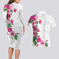 Hawaiian Hibiscus and Art Polynesian Tattoo Couples Matching Long Sleeve Bodycon Dress and Hawaiian Shirt White Color LT03 - Polynesian Pride