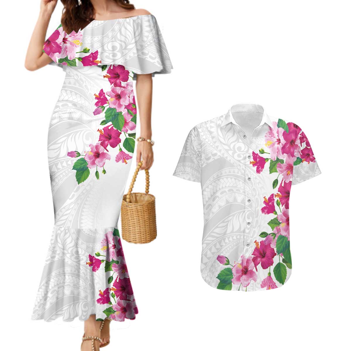 Hawaiian Hibiscus and Art Polynesian Tattoo Couples Matching Mermaid Dress and Hawaiian Shirt White Color LT03 White - Polynesian Pride