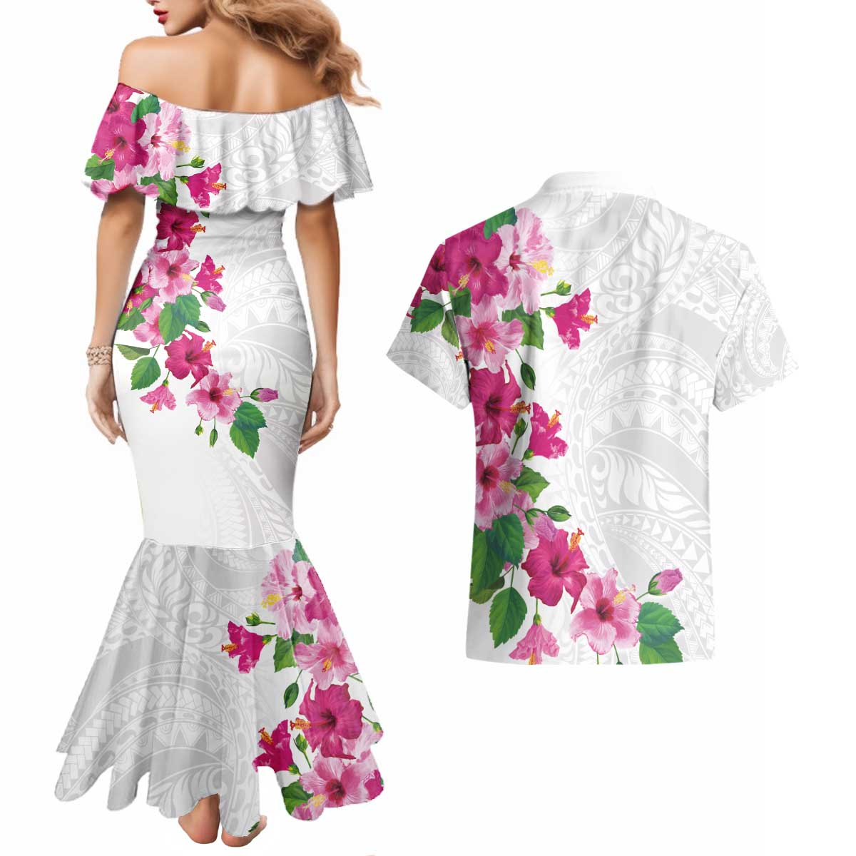 Hawaiian Hibiscus and Art Polynesian Tattoo Couples Matching Mermaid Dress and Hawaiian Shirt White Color LT03 - Polynesian Pride