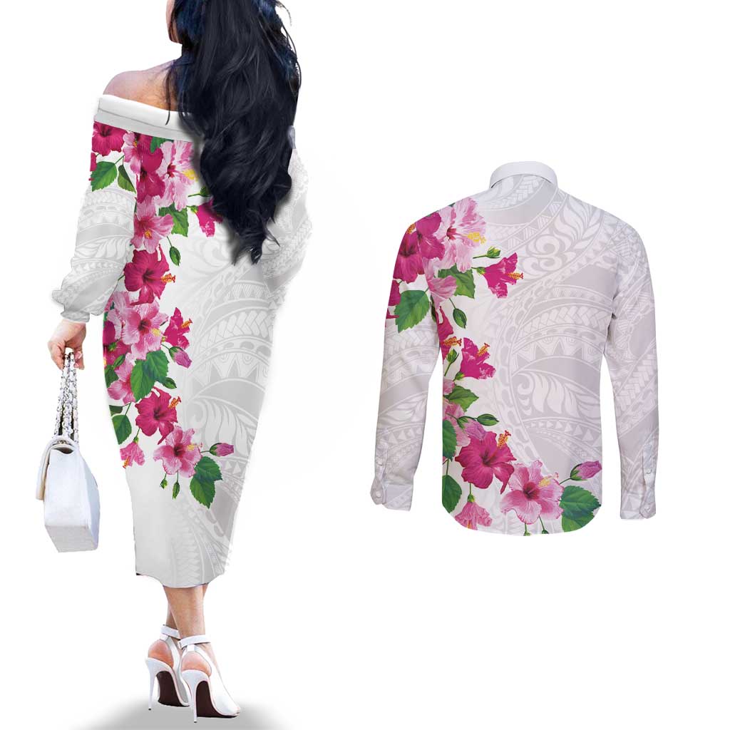 Hawaiian Hibiscus and Art Polynesian Tattoo Couples Matching Off The Shoulder Long Sleeve Dress and Long Sleeve Button Shirt White Color
