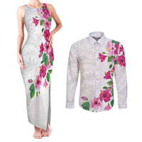 Hawaiian Hibiscus and Art Polynesian Tattoo Couples Matching Tank Maxi Dress and Long Sleeve Button Shirt White Color LT03 White - Polynesian Pride