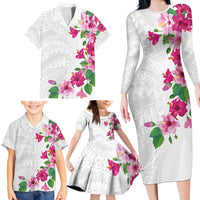 Hawaiian Hibiscus and Art Polynesian Tattoo Family Matching Long Sleeve Bodycon Dress and Hawaiian Shirt White Color LT03 - Polynesian Pride