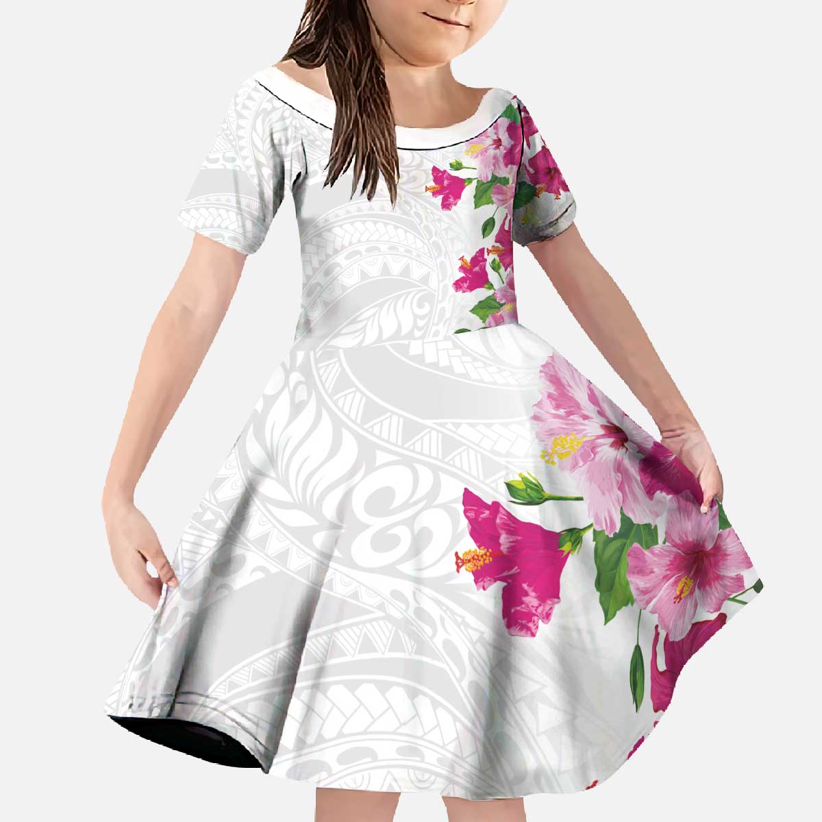Hawaiian Hibiscus and Art Polynesian Tattoo Family Matching Off The Shoulder Long Sleeve Dress and Hawaiian Shirt White Color LT03 Daughter's Dress White - Polynesian Pride