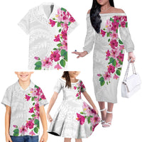 Hawaiian Hibiscus and Art Polynesian Tattoo Family Matching Off The Shoulder Long Sleeve Dress and Hawaiian Shirt White Color LT03 - Polynesian Pride