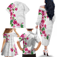 Hawaiian Hibiscus and Art Polynesian Tattoo Family Matching Off The Shoulder Long Sleeve Dress and Hawaiian Shirt White Color LT03 - Polynesian Pride