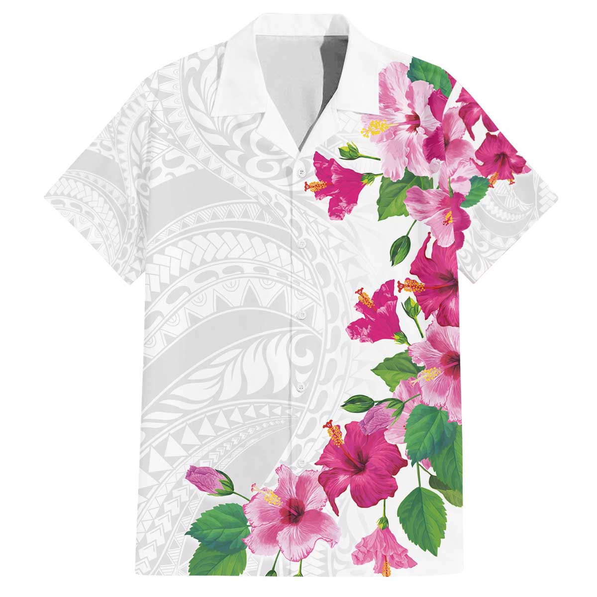 Hawaiian Hibiscus and Art Polynesian Tattoo Family Matching Off The Shoulder Long Sleeve Dress and Hawaiian Shirt White Color LT03 Dad's Shirt - Short Sleeve White - Polynesian Pride