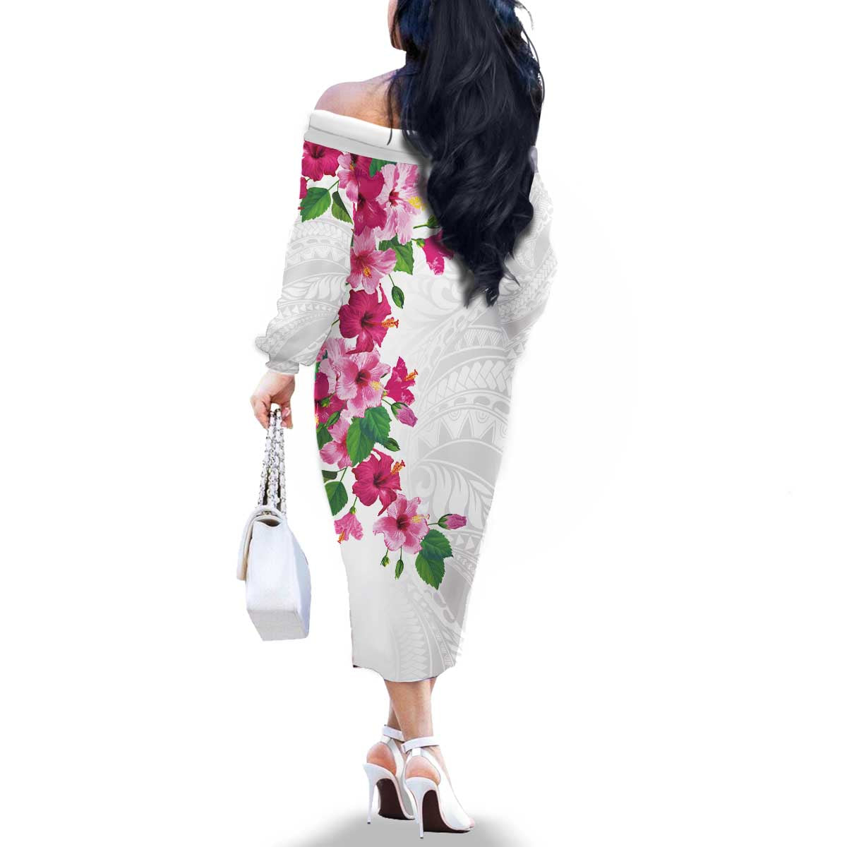 Hawaiian Hibiscus and Art Polynesian Tattoo Family Matching Off The Shoulder Long Sleeve Dress and Hawaiian Shirt White Color LT03 - Polynesian Pride