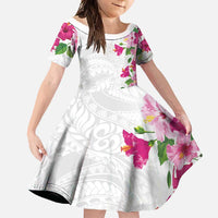 Hawaiian Hibiscus and Art Polynesian Tattoo Family Matching Off Shoulder Maxi Dress and Hawaiian Shirt White Color LT03 Daughter's Dress White - Polynesian Pride