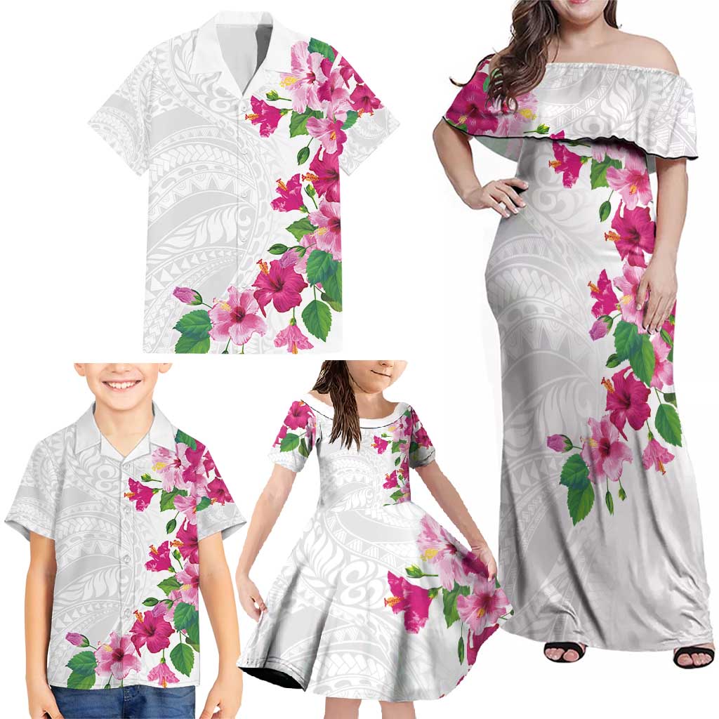 Hawaiian Hibiscus and Art Polynesian Tattoo Family Matching Off Shoulder Maxi Dress and Hawaiian Shirt White Color LT03 - Polynesian Pride