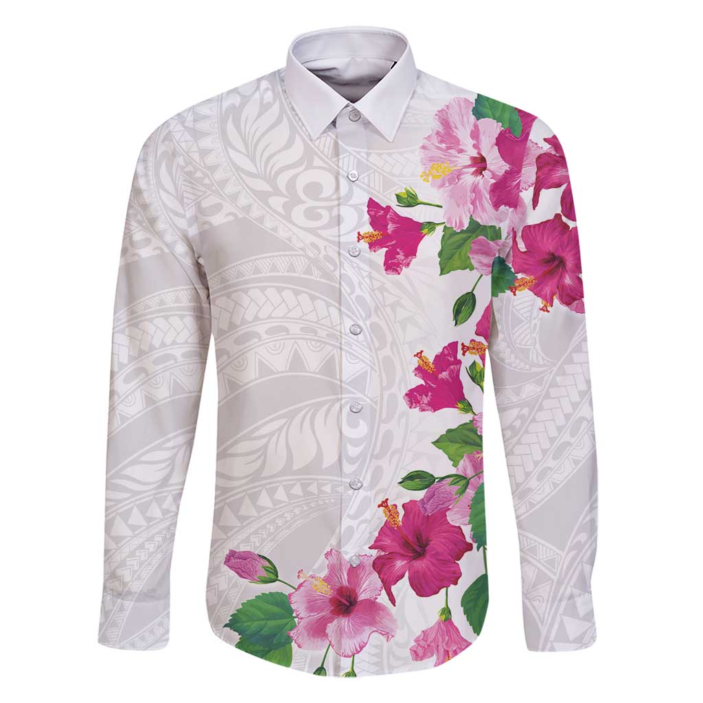 Hawaiian Hibiscus and Art Polynesian Tattoo Family Matching Off Shoulder Maxi Dress and Hawaiian Shirt White Color LT03 Dad's Shirt - Long Sleeve White - Polynesian Pride